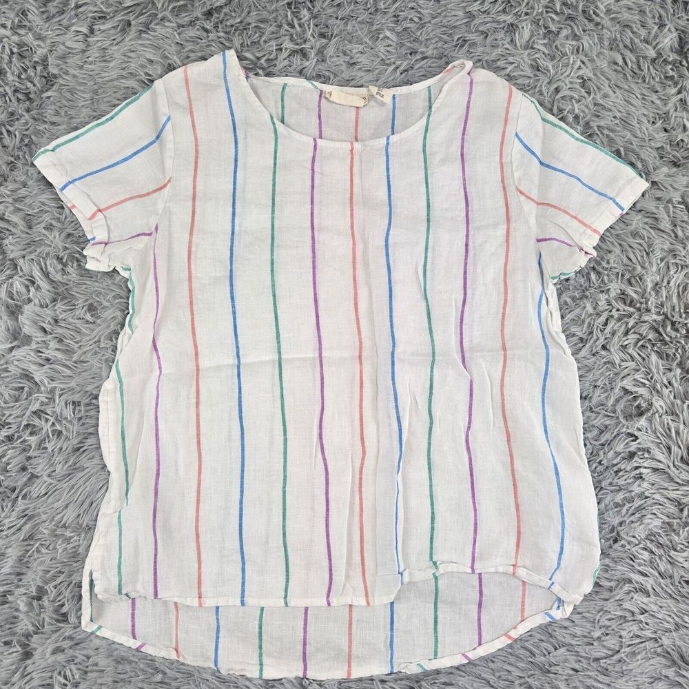 Christian Siriano Womens Small White Linen Striped Cap Sleeve‎ Round Neck Shirt